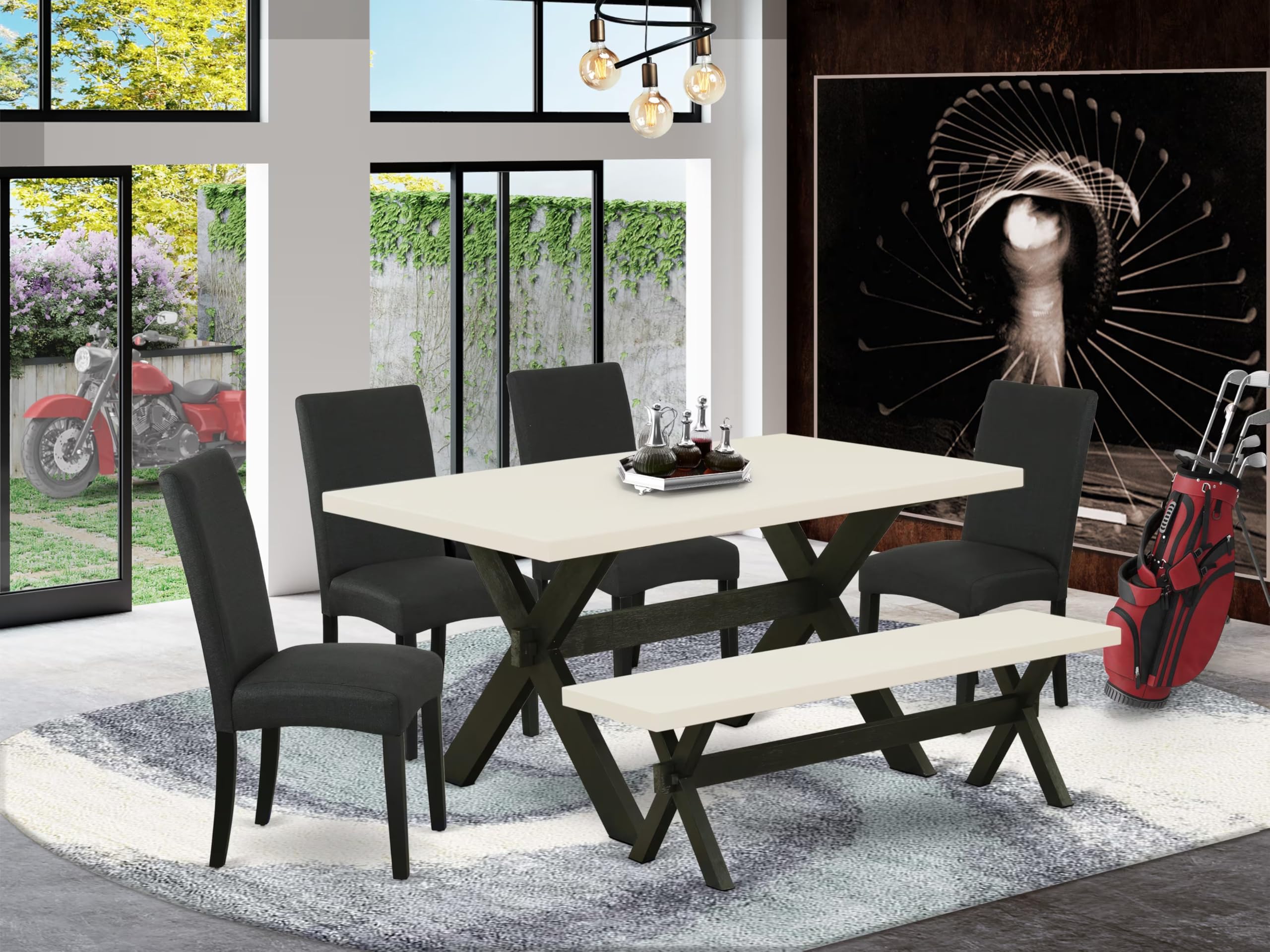 East West Furniture X626Dr124-6 6 Piece Dining Table Set Contains A Rectangle Kitchen Table With X-Legs And 4 Black Color Linen Fabric Parson Chairs With A Bench, 36X60 Inch, Multi-Color